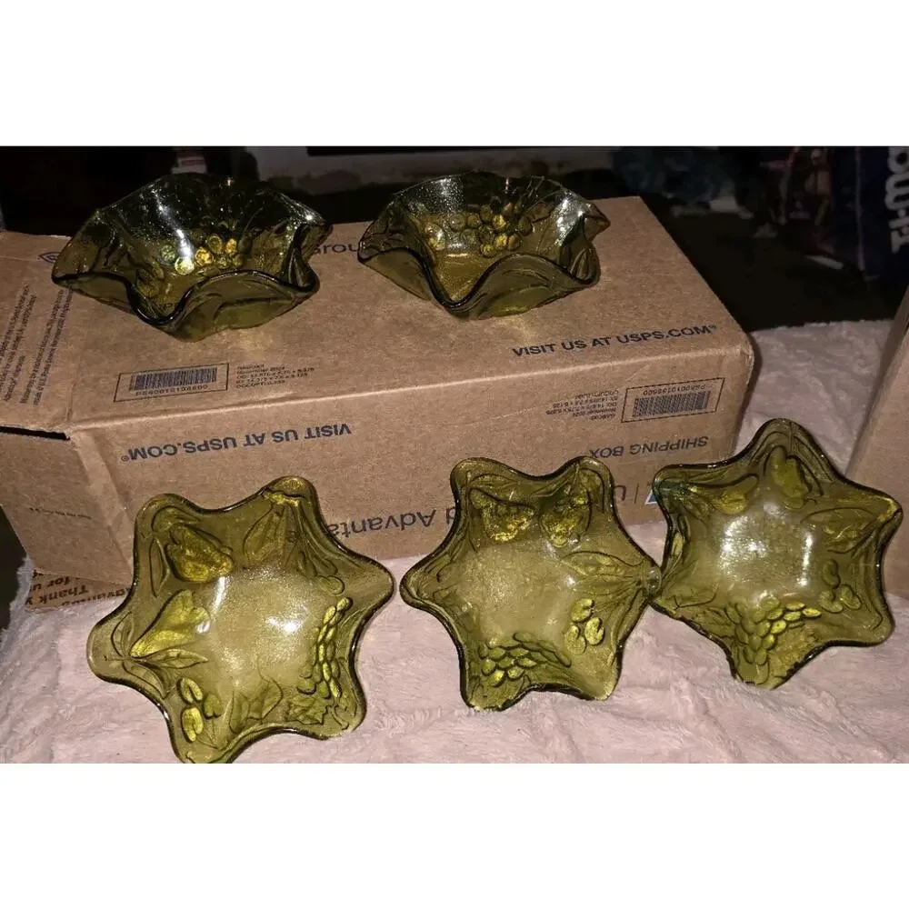 Rare Hazel Atlas Fruits Green Glass Bowls Set 5 Grapes Pears Vintage MCM USA